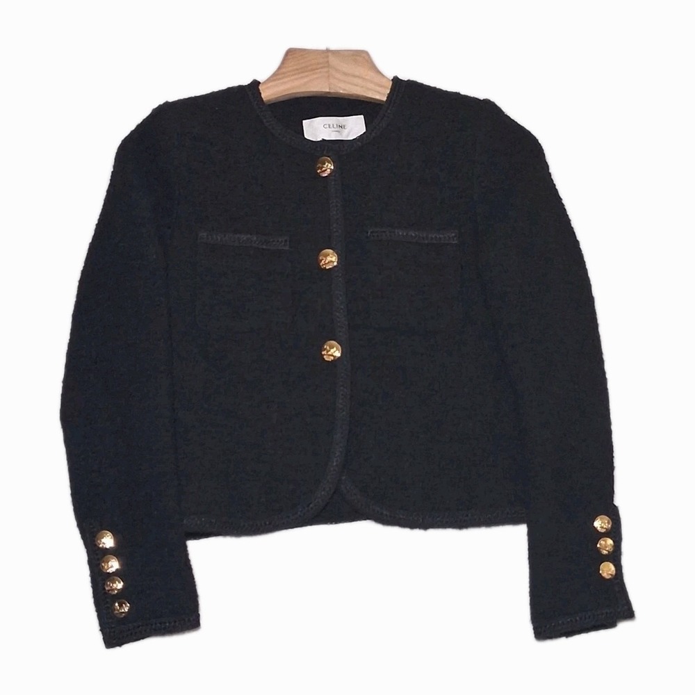 CELINE Black Bouclé Wool Tweed Chasseur Jacket Size 36 US 4 Luxury Designer READ